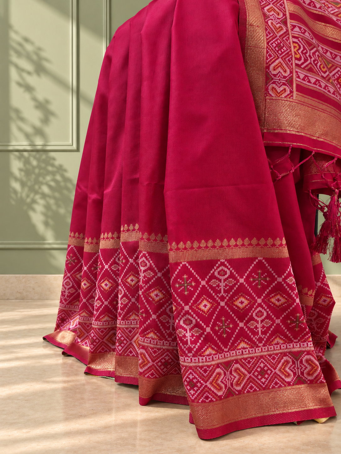 Rani Pink Silk Gala Patola Broad Border Saree