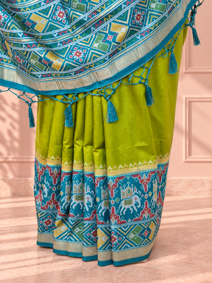Teal Blue & Lime Green Patola Silk Saree with Elephant Motif