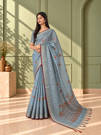 Pastel Blue Linen Saree with Hand Embroidered Kantha Work