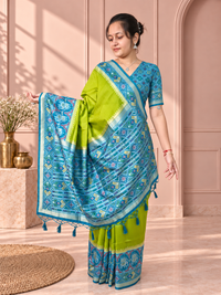 Teal Blue & Lime Green Patola Silk Saree with Elephant Motif
