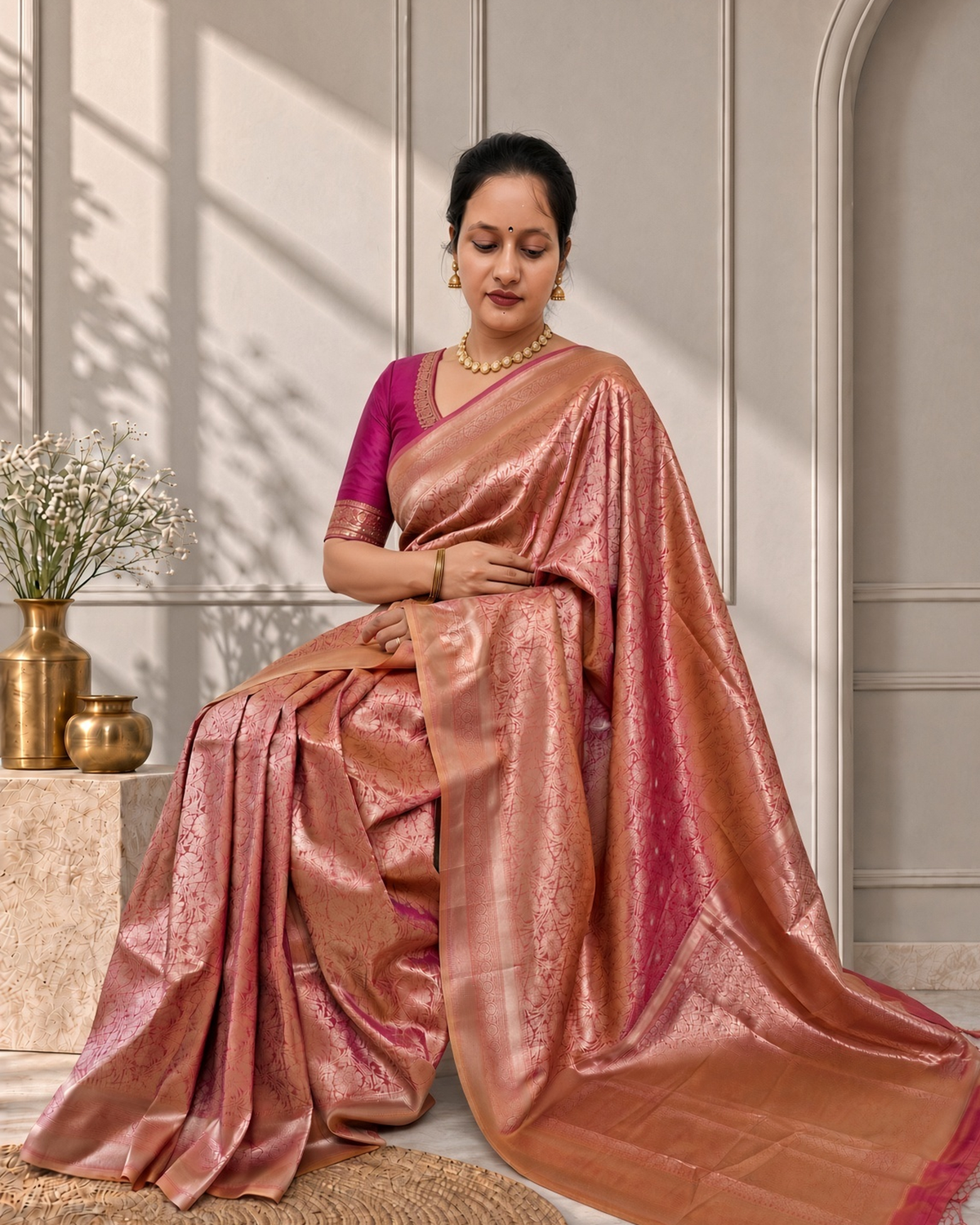 Peach Orange Banarasi Silk Saree with Floral Jaal & Rich Woven Border