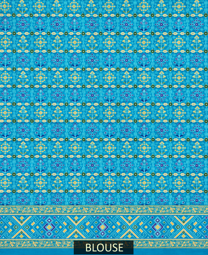 Lime Green Teal Blue Silk Patola Saree with Geometric Woven Border