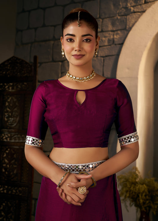Deep Magenta Ethnic Saree with Silver Mirror Work