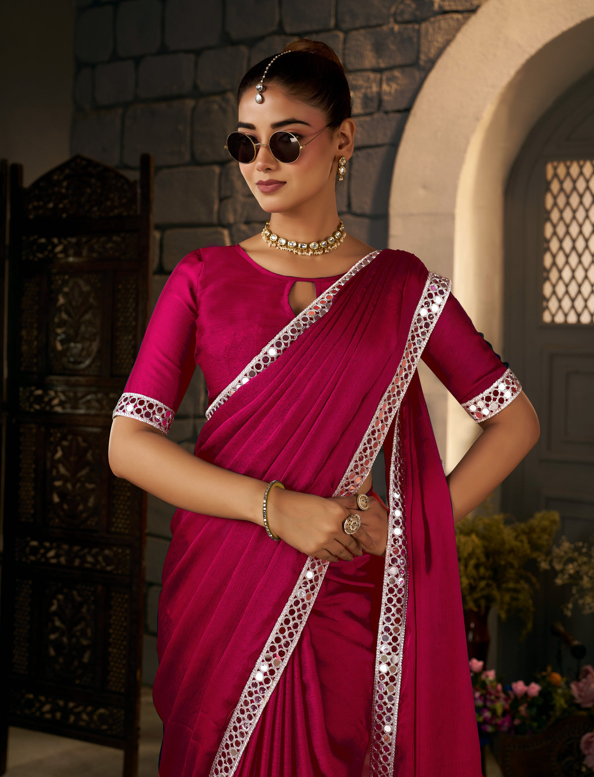 Pink Ethnic Saree with Silver Mirror Work