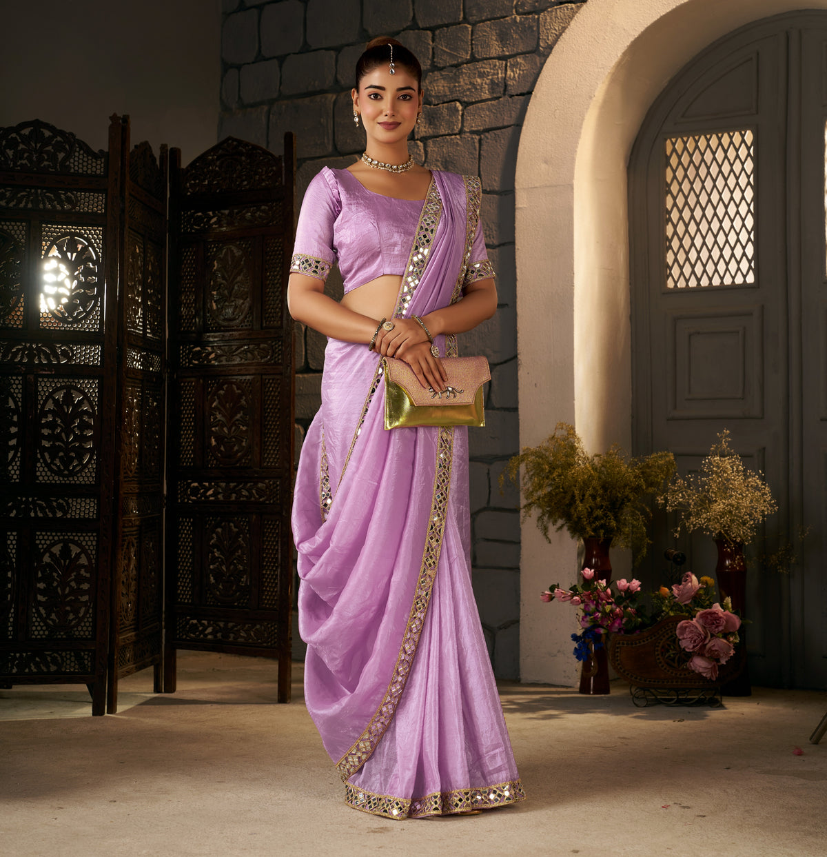 Lavender Crush Tissue Silk Saree with Artisan Mirror Border
