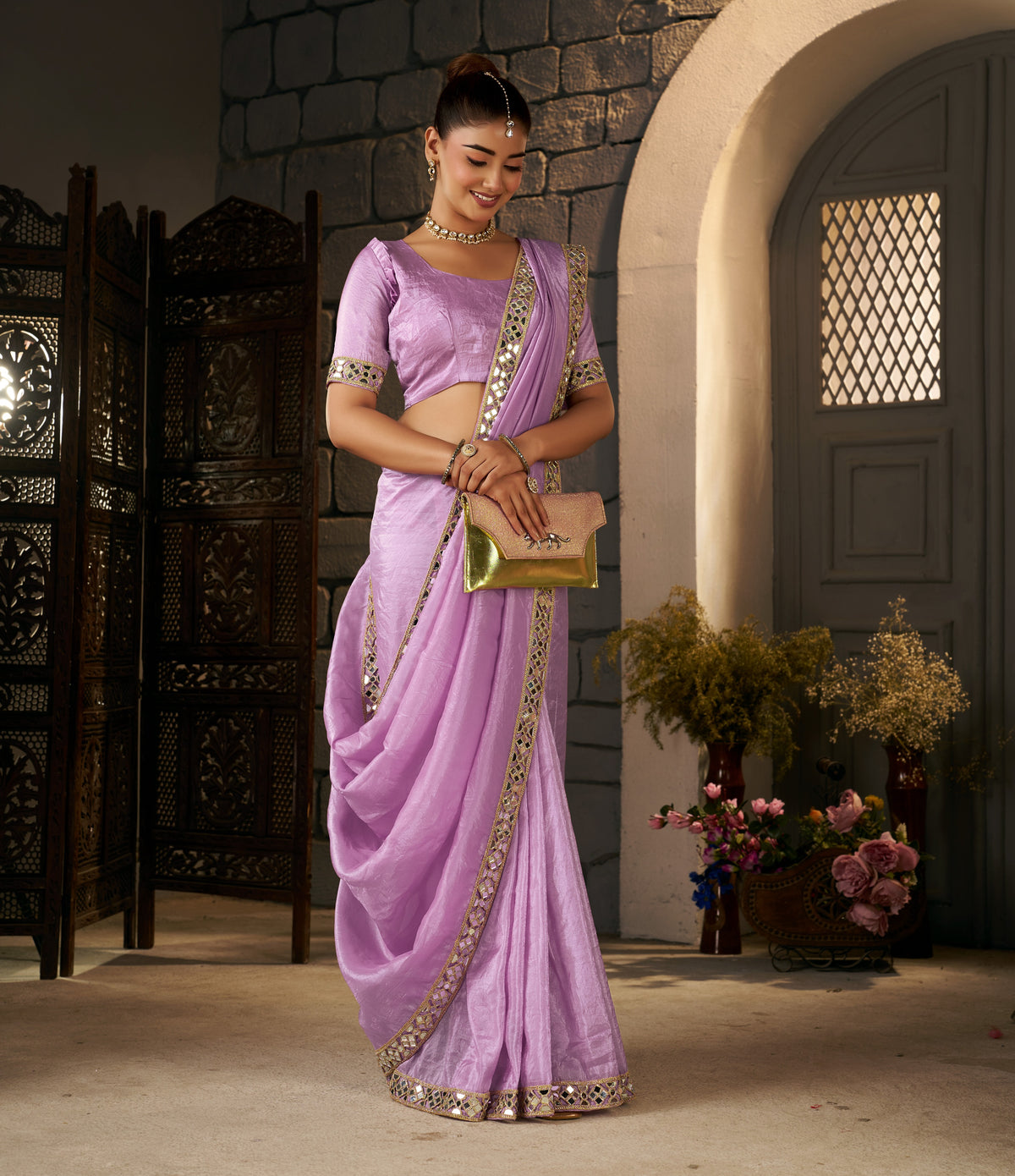 Lavender Crush Tissue Silk Saree with Artisan Mirror Border