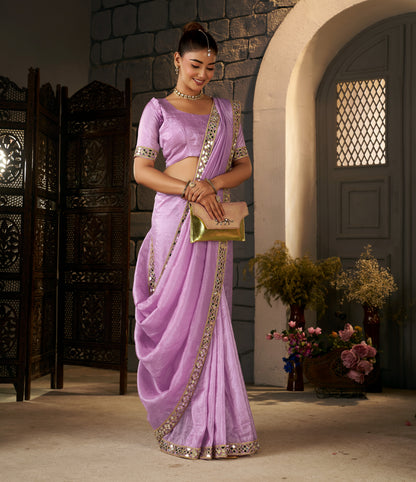 Lavender Crush Tissue Silk Saree with Artisan Mirror Border