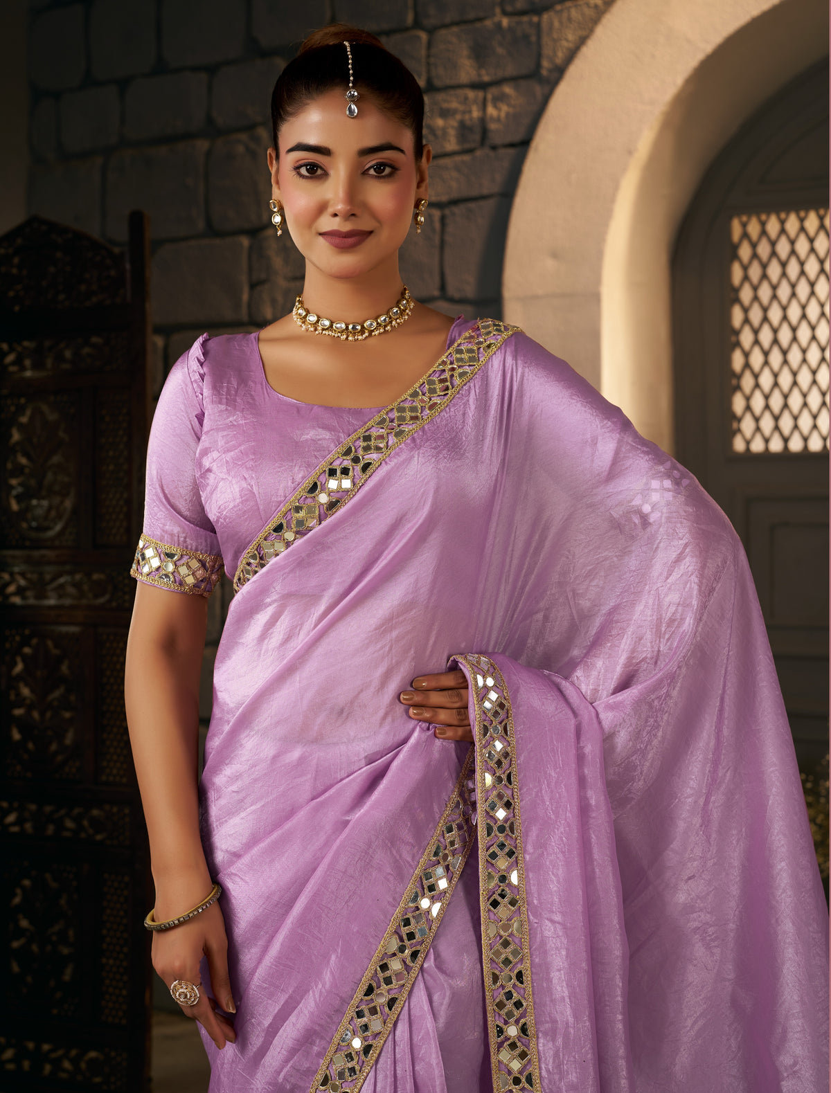 Lavender Crush Tissue Silk Saree with Artisan Mirror Border