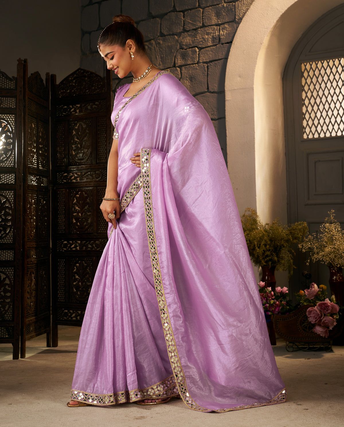 lavender crush tissue silk saree with artisan mirror border