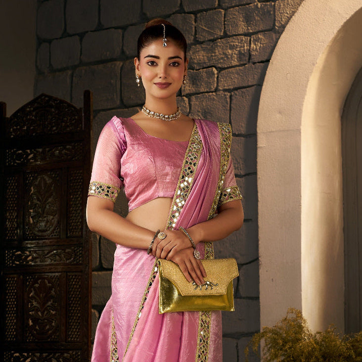 blush pink crush tissue silk saree with artisan mirror border