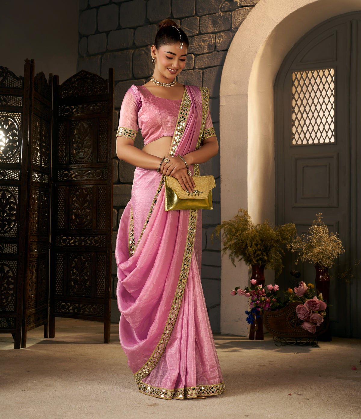 Blush Pink Crush Tissue Silk Saree with Artisan Mirror Border