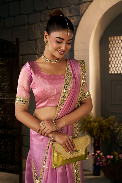 Blush Pink Crush Tissue Silk Saree with Artisan Mirror Border
