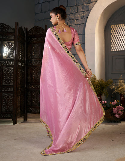 Blush Pink Crush Tissue Silk Saree with Artisan Mirror Border
