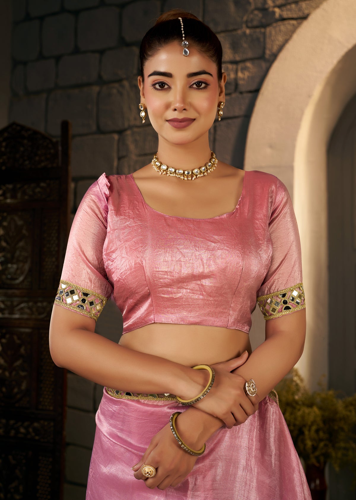 blush pink crush tissue silk saree with artisan mirror border