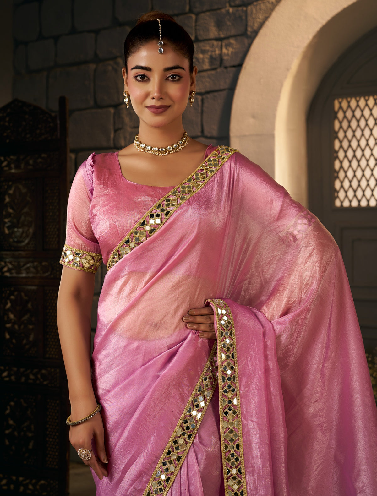 Blush Pink Crush Tissue Silk Saree with Artisan Mirror Border