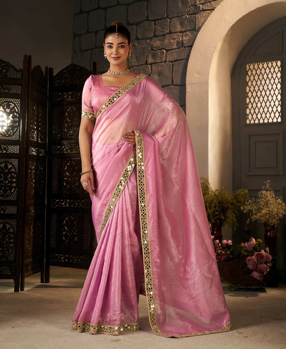 Blush Pink Crush Tissue Silk Saree with Artisan Mirror Border