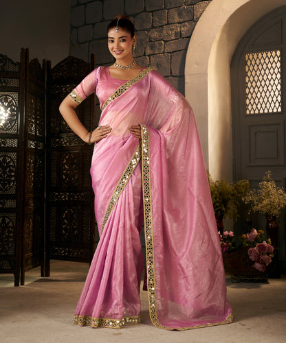 Blush Pink Crush Tissue Silk Saree with Artisan Mirror Border