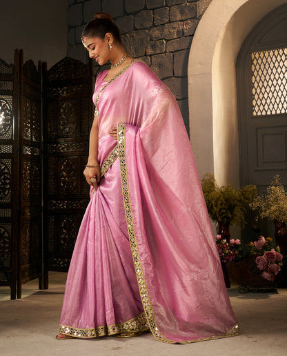 Blush Pink Crush Tissue Silk Saree with Artisan Mirror Border