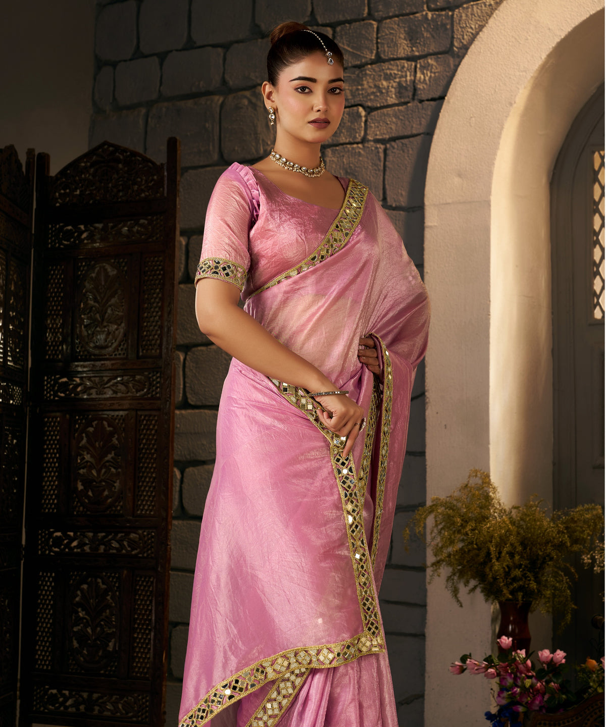 blush pink crush tissue silk saree with artisan mirror border