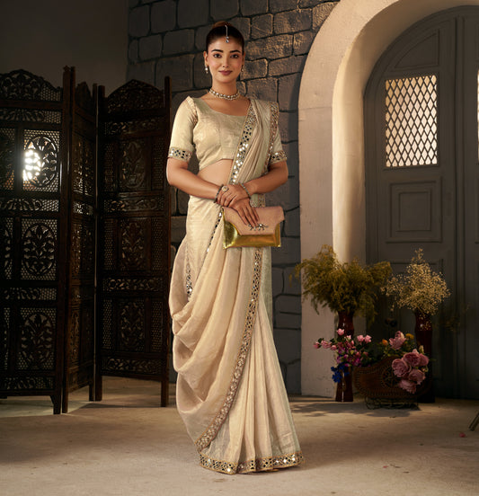 Champagne Gold Crush Tissue Silk Saree with Artisan Mirror Border