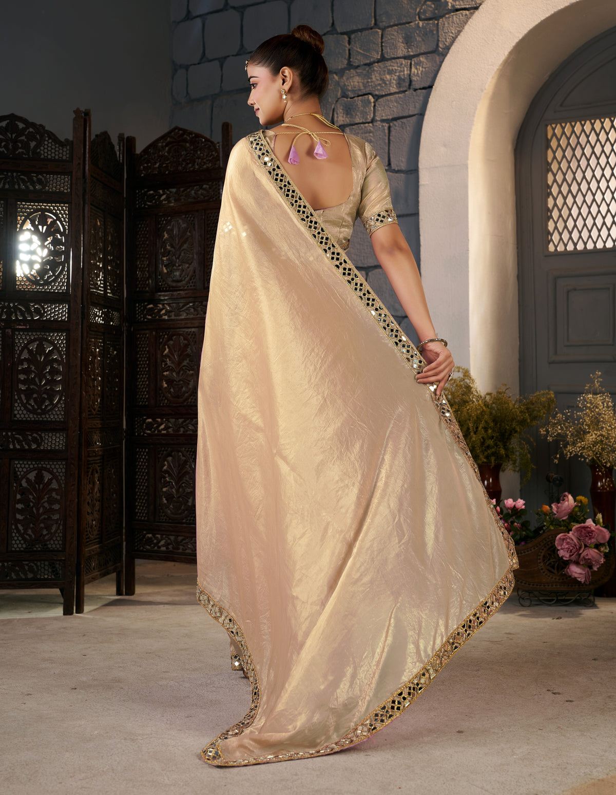 Champagne Gold Crush Tissue Silk Saree with Artisan Mirror Border