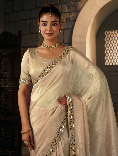 Champagne Gold Crush Tissue Silk Saree with Artisan Mirror Border