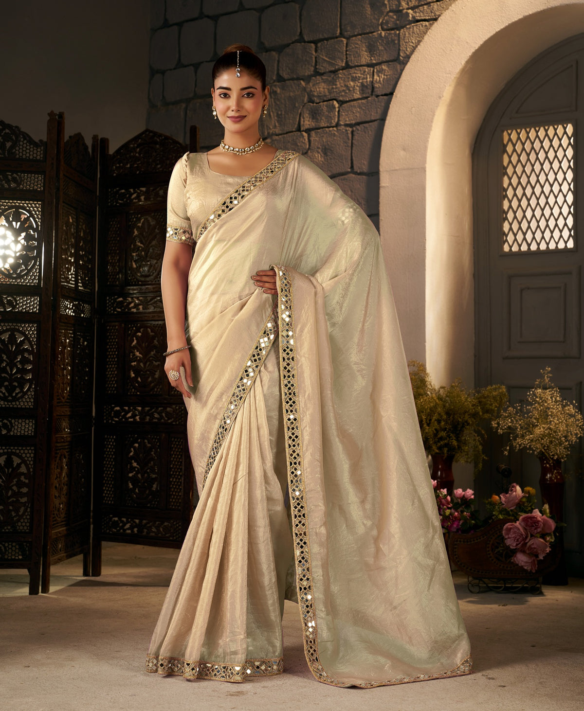 champagne gold crush tissue silk saree with artisan mirror border