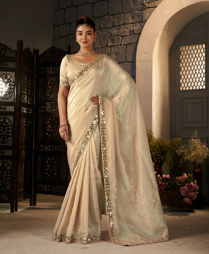 Champagne Gold Crush Tissue Silk Saree with Artisan Mirror Border