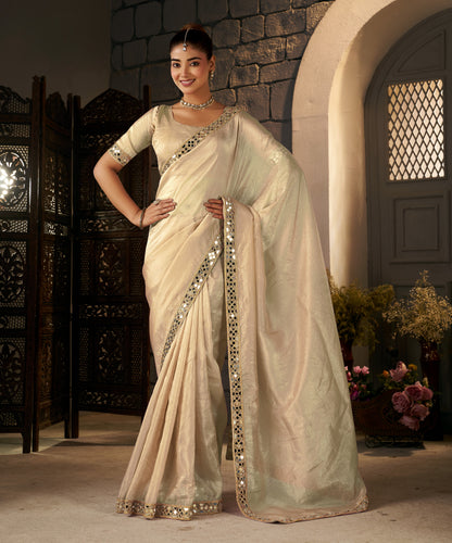 Champagne Gold Crush Tissue Silk Saree with Artisan Mirror Border