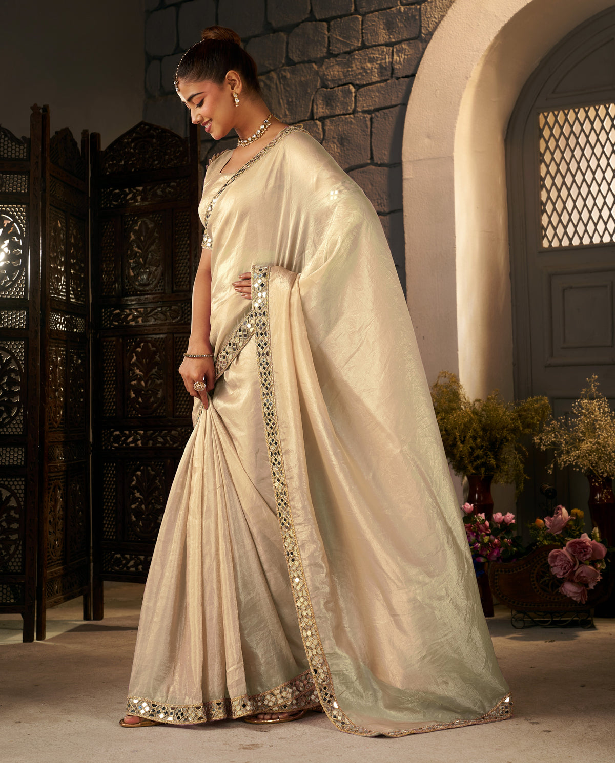 Champagne Gold Crush Tissue Silk Saree with Artisan Mirror Border