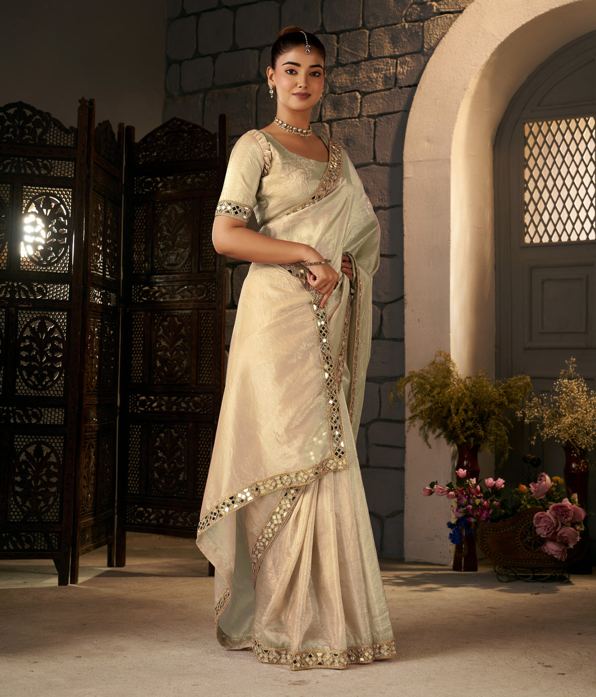 champagne gold crush tissue silk saree with artisan mirror border
