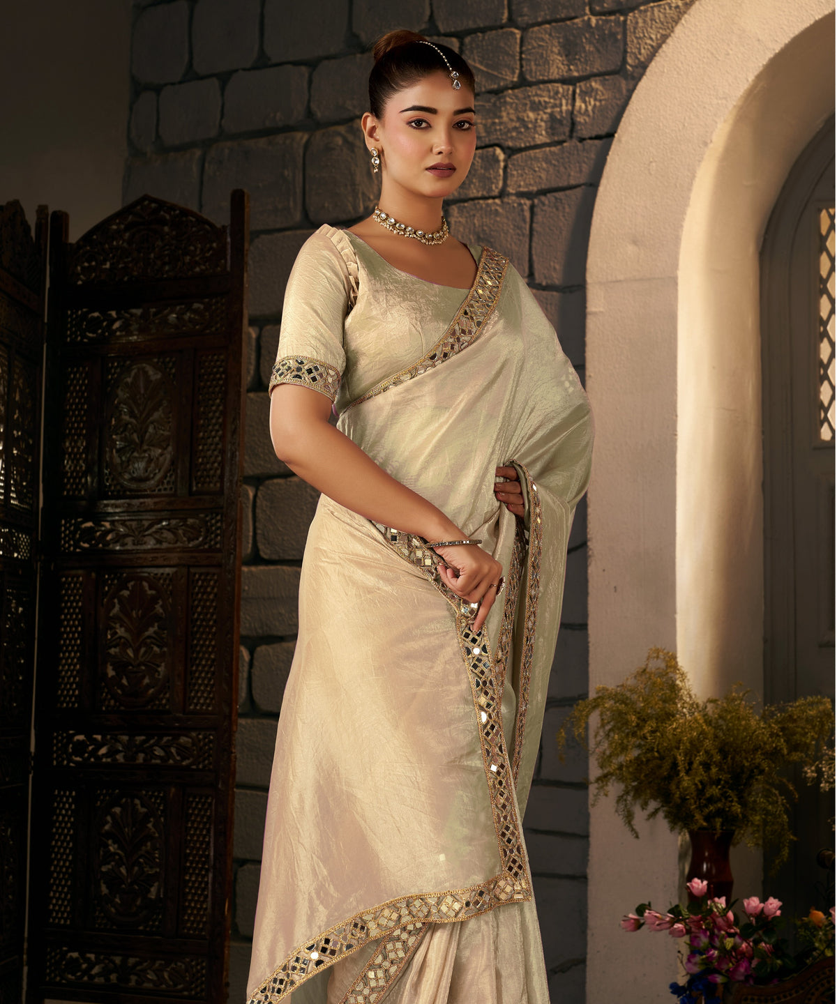 champagne gold crush tissue silk saree with artisan mirror border