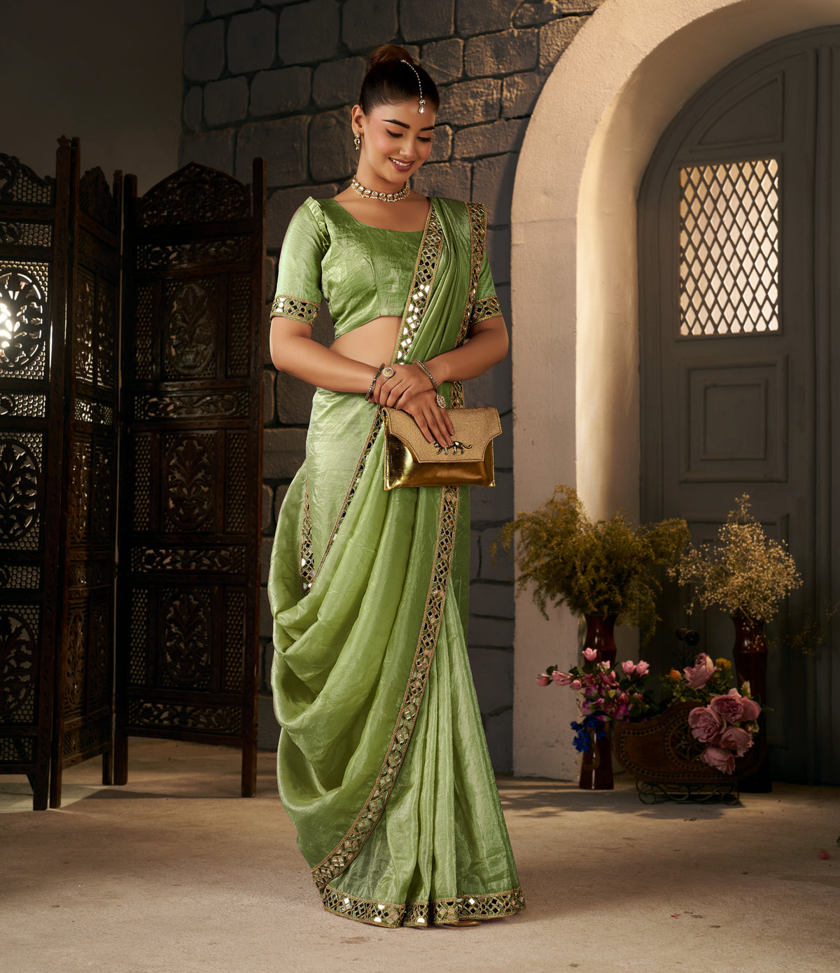 Pistachio Green Crush Tissue Silk Saree with Artisan Mirror Border