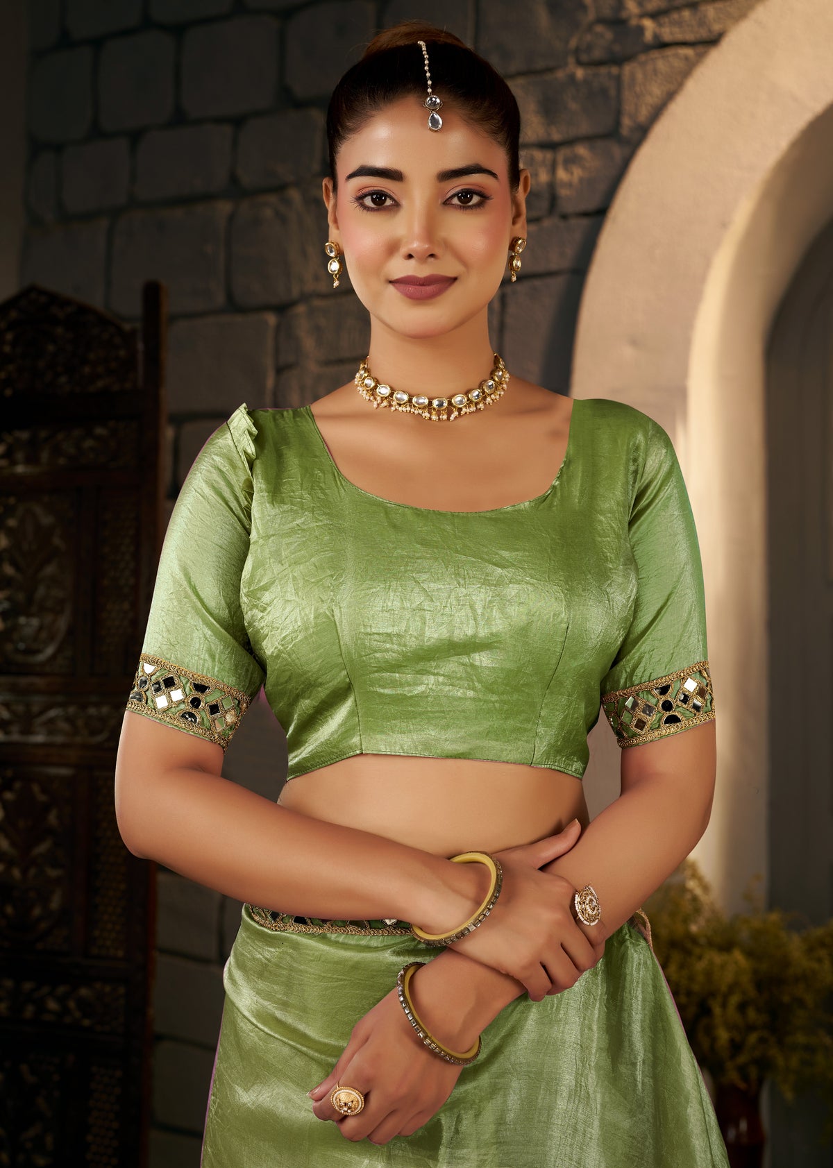 Pistachio Green Crush Tissue Silk Saree with Artisan Mirror Border