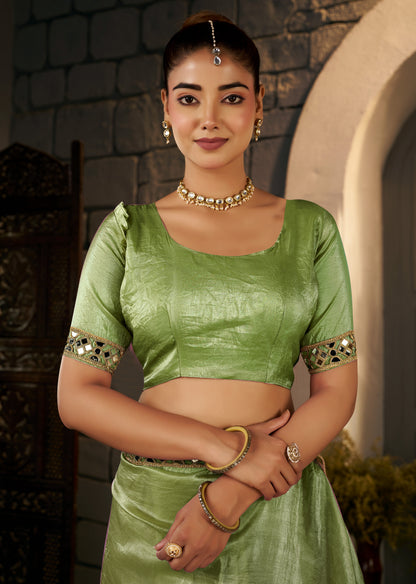 Pistachio Green Crush Tissue Silk Saree with Artisan Mirror Border