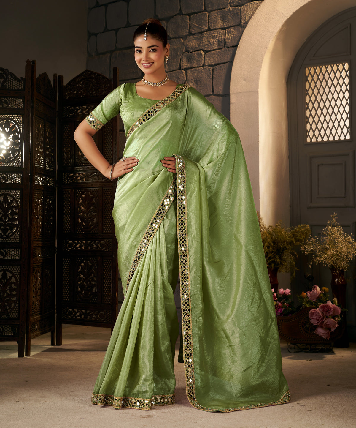 Pistachio Green Crush Tissue Silk Saree with Artisan Mirror Border