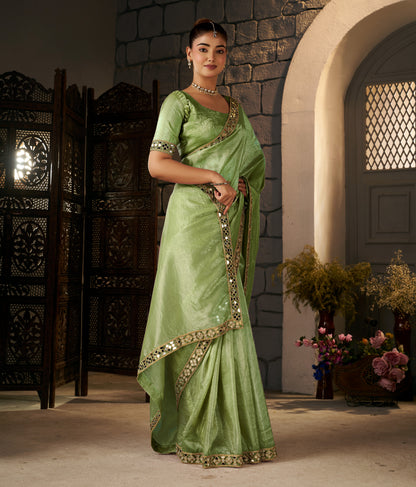 Pistachio Green Crush Tissue Silk Saree with Artisan Mirror Border