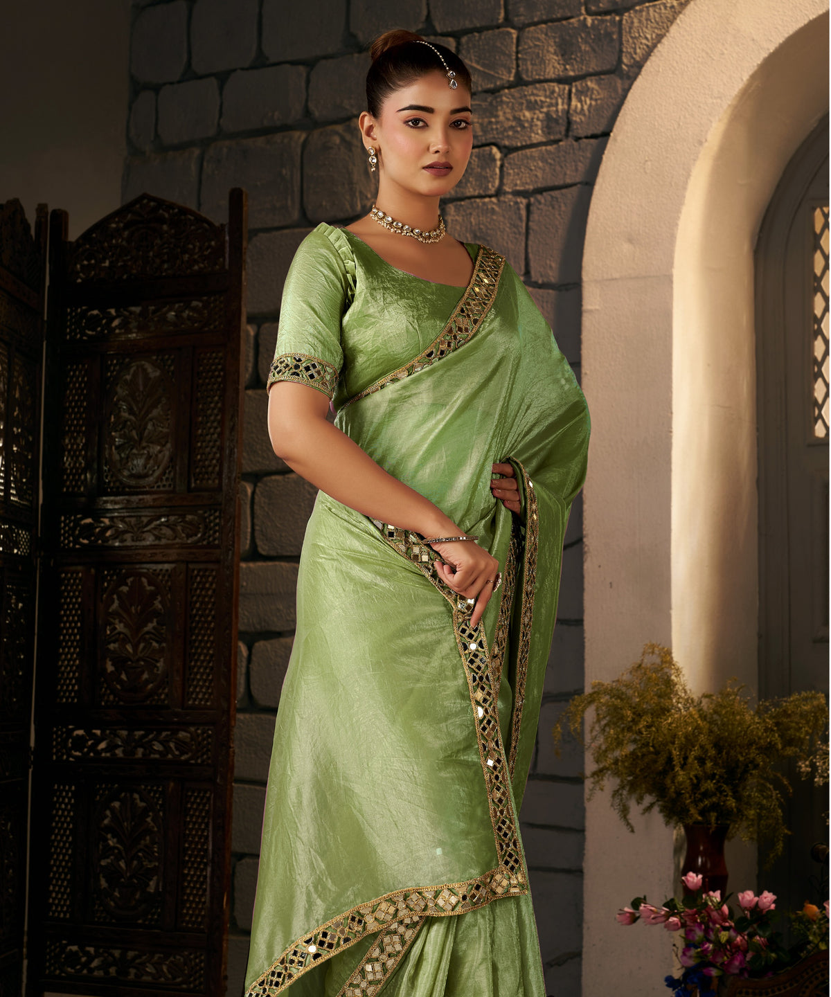 Pistachio Green Crush Tissue Silk Saree with Artisan Mirror Border
