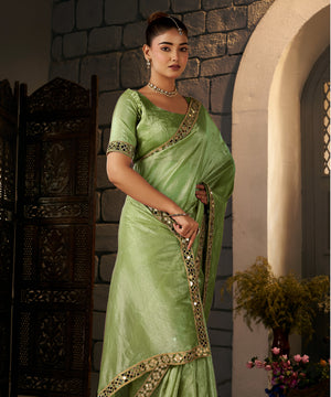Pistachio Green Crush Tissue Silk Saree with Artisan Mirror Border