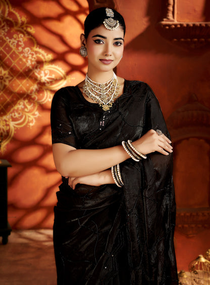 Black Designer Saree with Heavy Handcrafted Work
