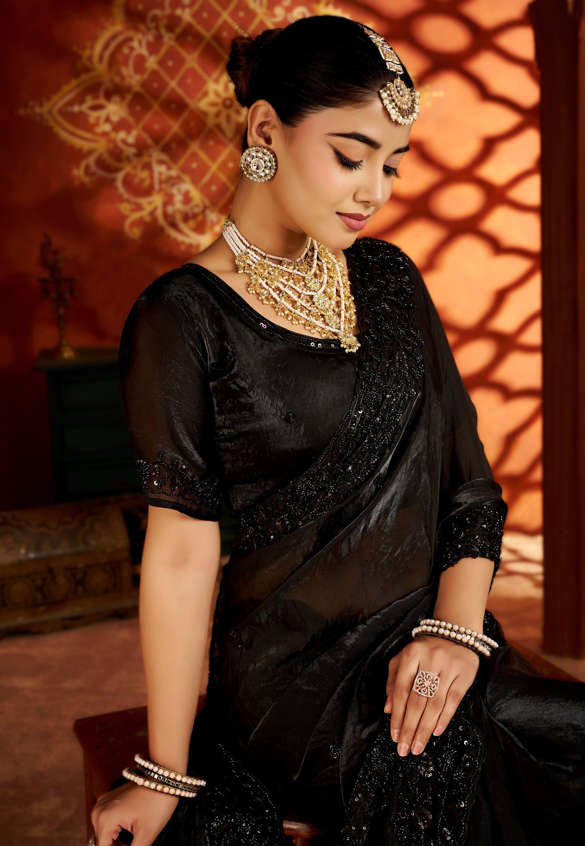 Black Statement Saree with Heavy Handwork Border