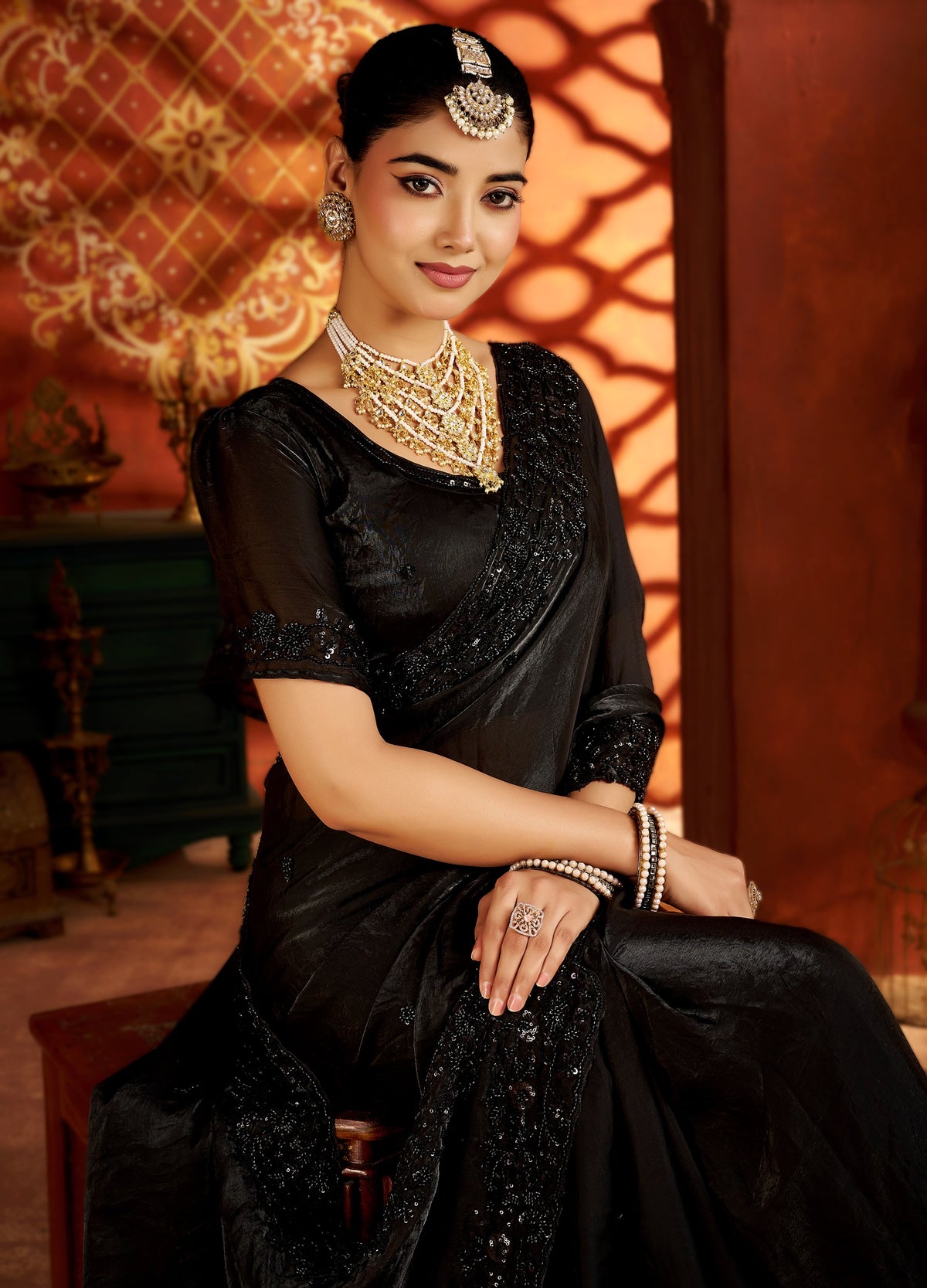 Black Statement Saree with Heavy Handwork Border