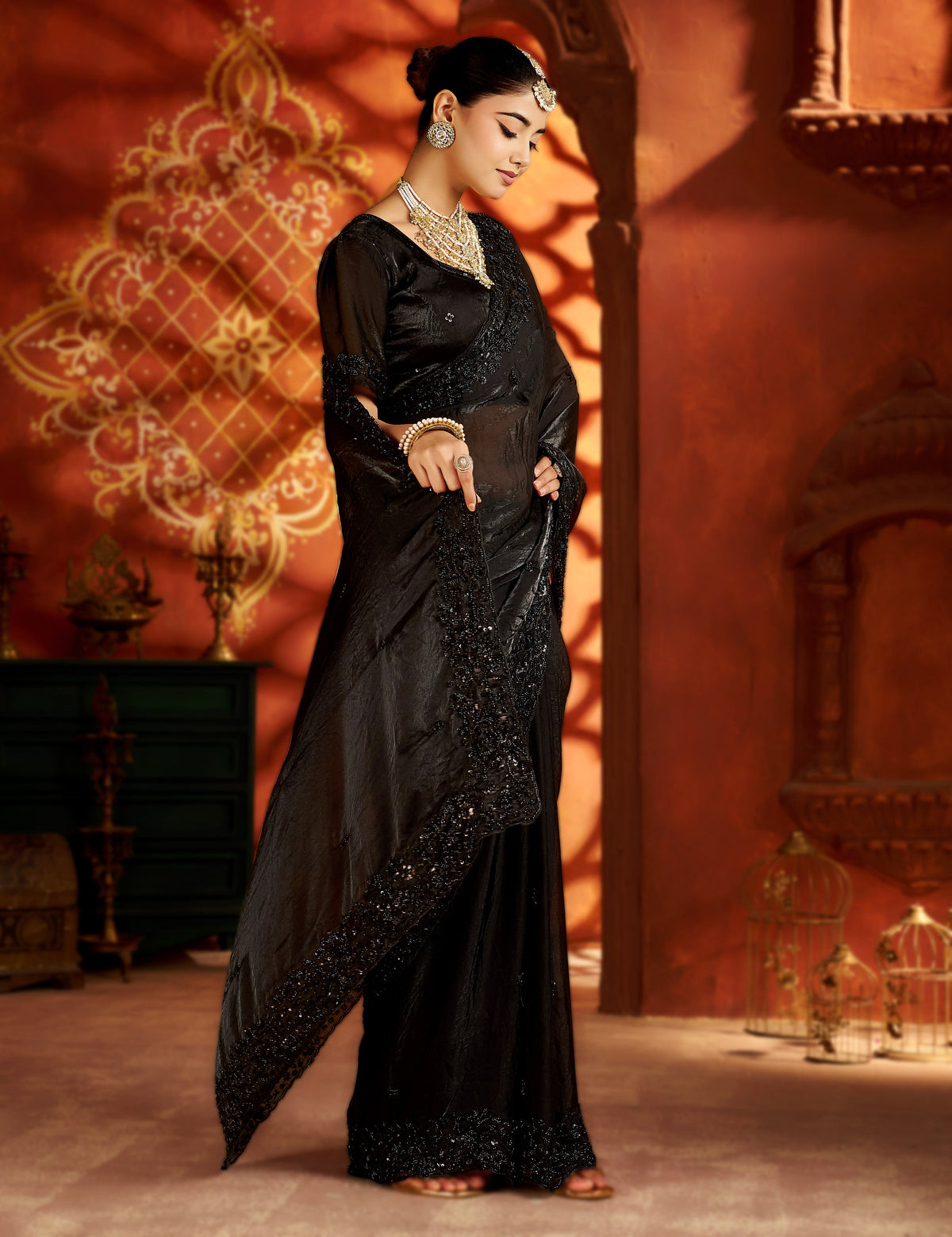 Black Statement Saree with Heavy Handwork Border
