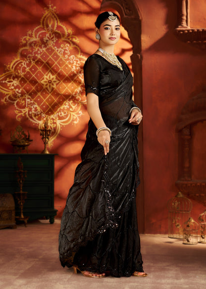Black Designer Saree with Heavy Handcrafted Work