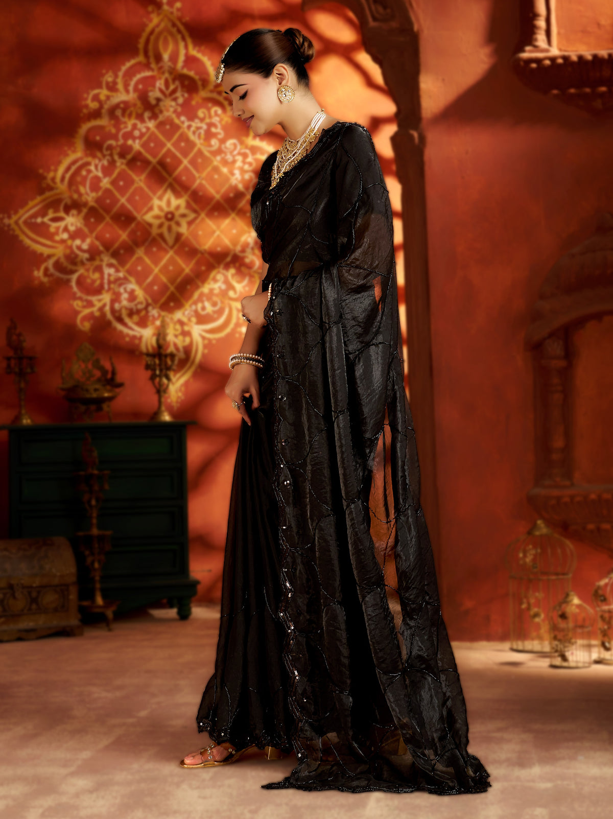 Black Designer Saree with Heavy Handcrafted Work