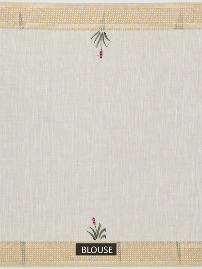 Ivory Linen Saree with Hand Embroidered Pink Florals