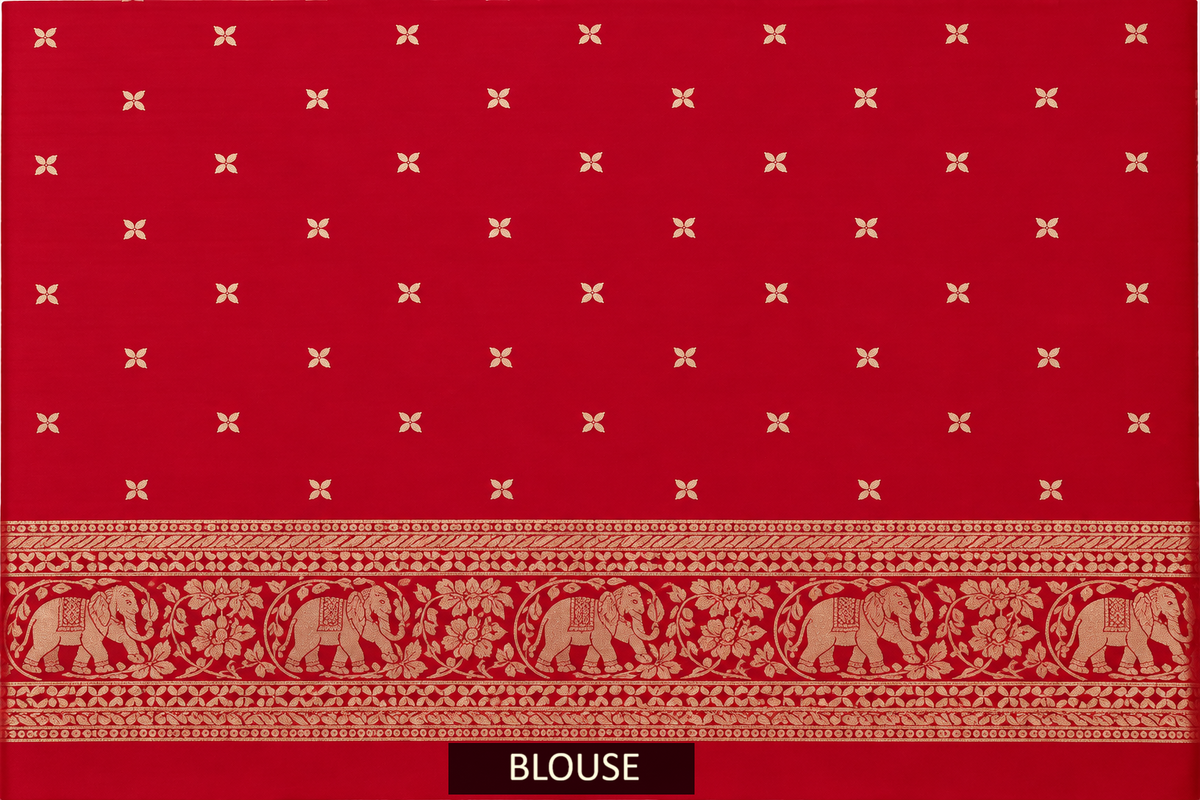 crimson red woven banarasi silk saree with gold zari elephant & floral border