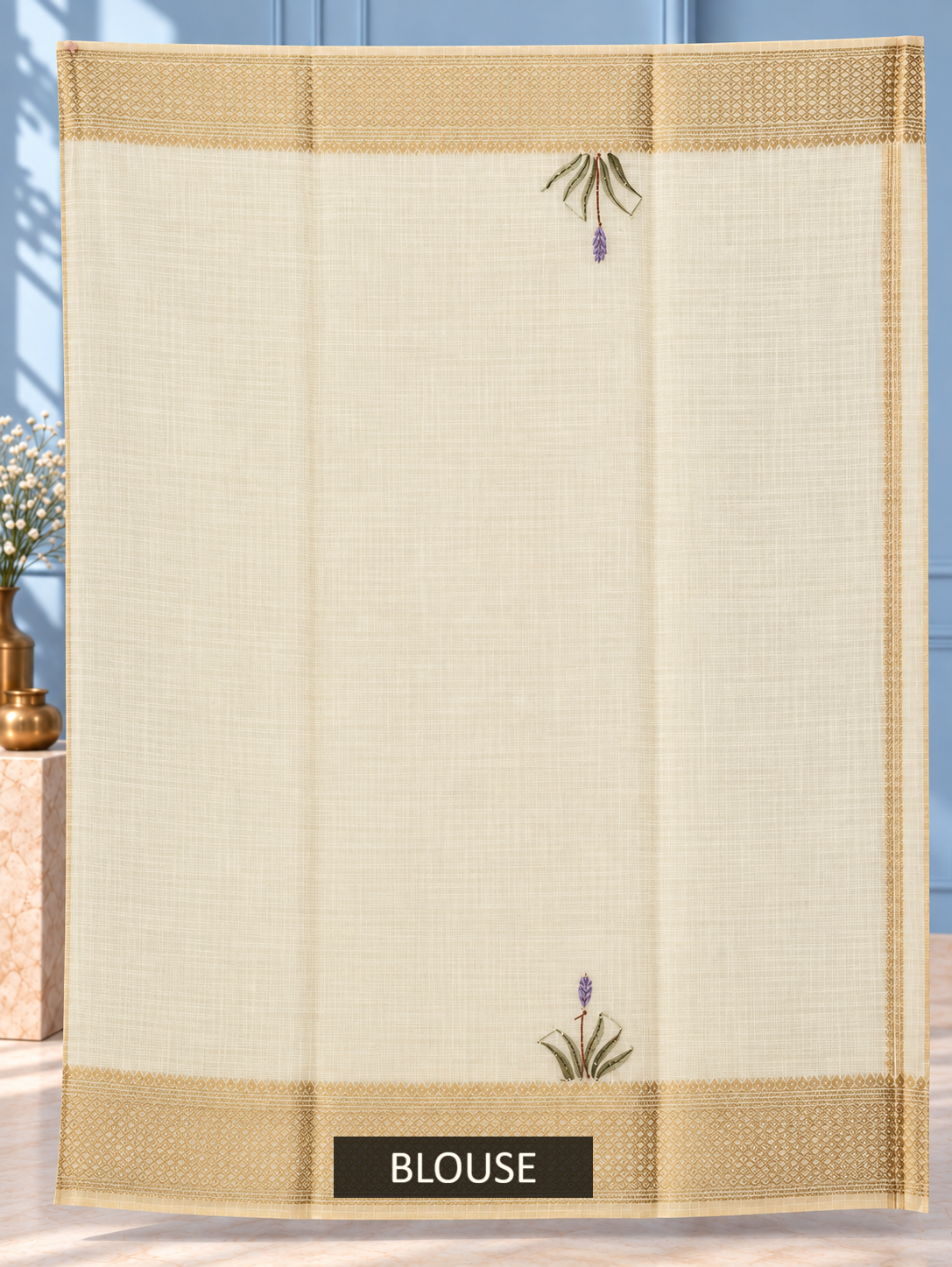 Ivory Linen Saree with Hand Embroidered Purple Florals