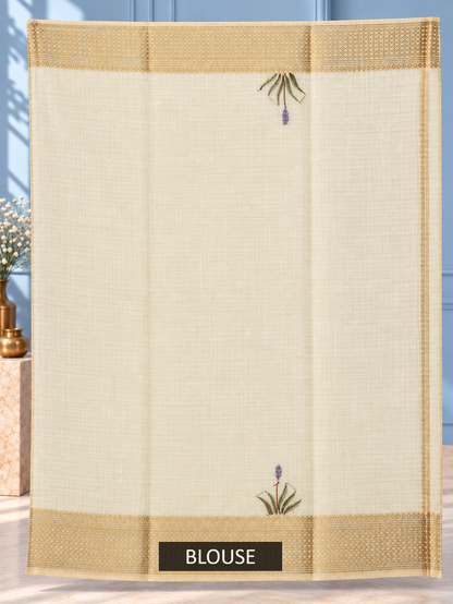 Ivory Linen Saree with Hand Embroidered Purple Florals