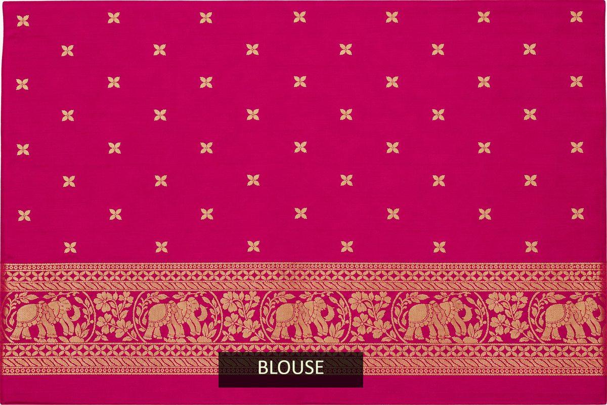 Rani Pink Woven Banarasi Silk Saree with Gold Zari Elephant & Floral Border